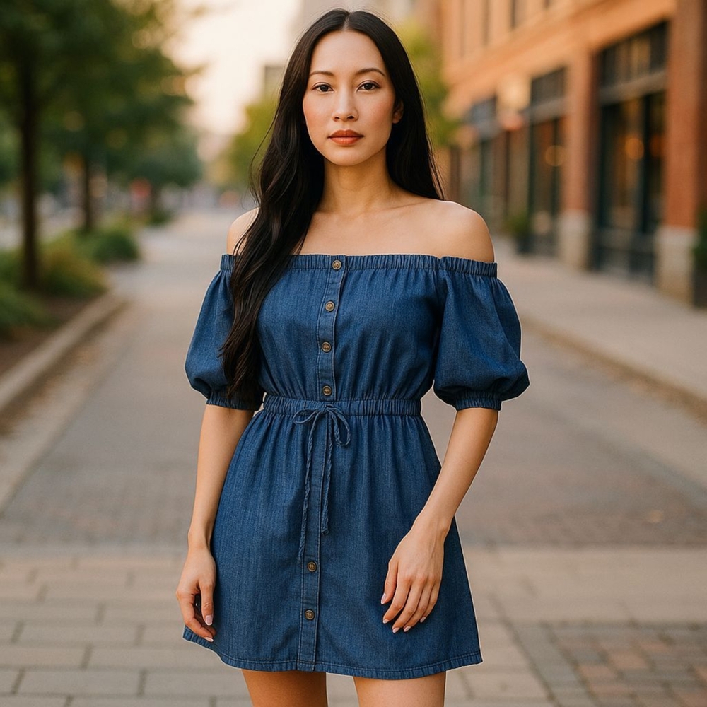 New Look Denim Blue Off-Shoulder Mini Dress